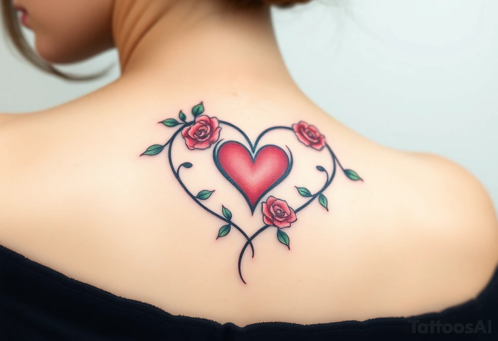 A vine-like infinity symbol with delicate roses and a heart at its center, symbolizing love that continuously grows, in soft red and green hues tattoo idea