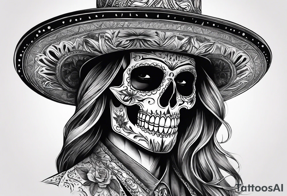 skeleton in the suit with hat in mexican style, similar to santa muerte tattoo idea