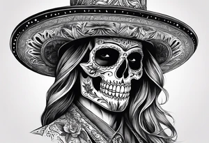 skeleton in the suit with hat in mexican style, similar to santa muerte tattoo idea