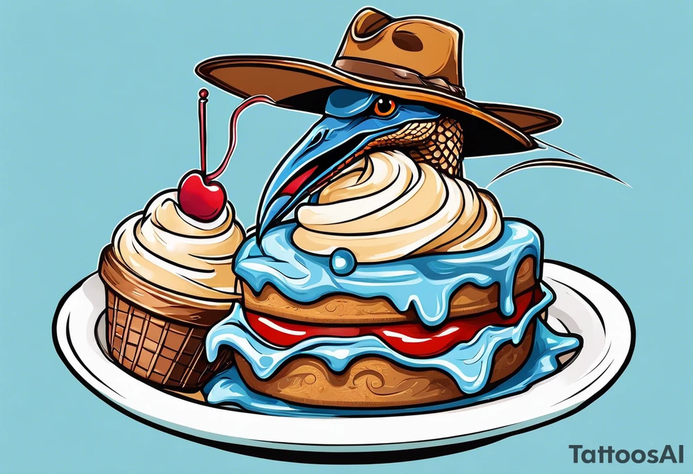 Pterodactyl wearing a cowboy hat eating ice cream sundae tattoo idea