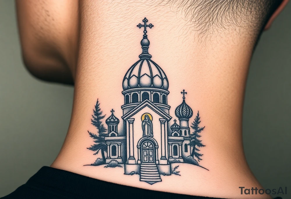 medium sized russian orthodox dome church with a visible virgin mary in a russian lakes country setting tattoo idea