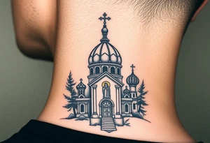 medium sized russian orthodox dome church with a visible virgin mary in a russian lakes country setting tattoo idea