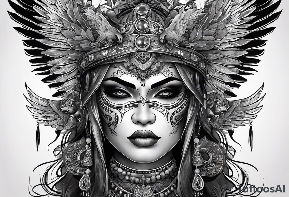 black kali, goddess pirate, alien, pachamama, valkrye, warrior, skull, lotus azul, wing, eagle, zenza resonance, stars, one side chest tattoo idea