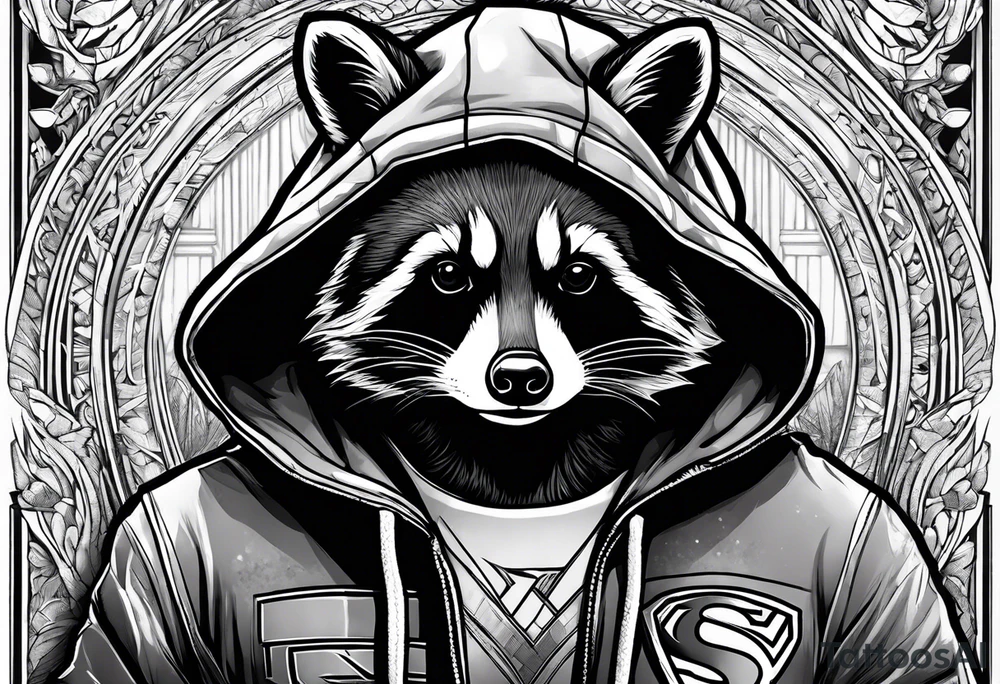 raccoon wearing a Superman hoodie tattoo idea
