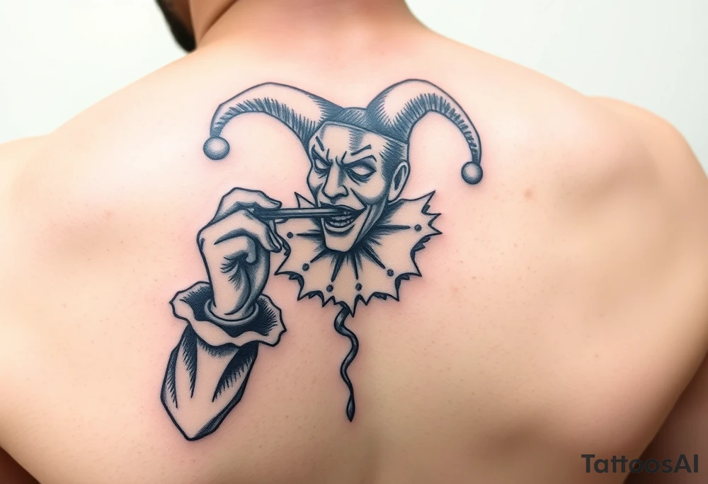 jester smoking and drinking in the other hand tattoo idea