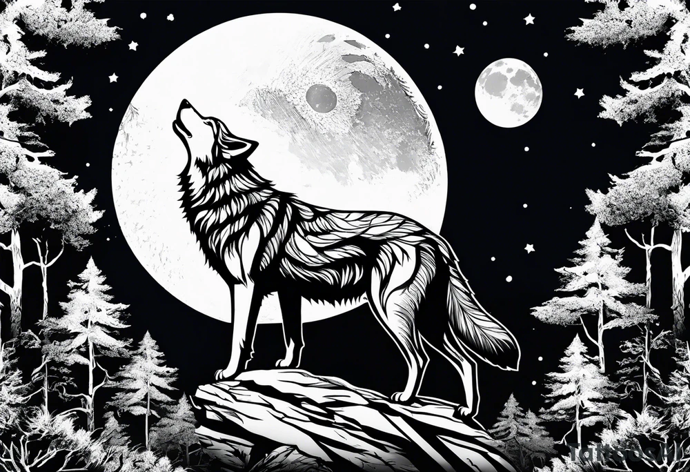 Wolf on top of a rock howling at the full moon, surrounded by trees tattoo idea
