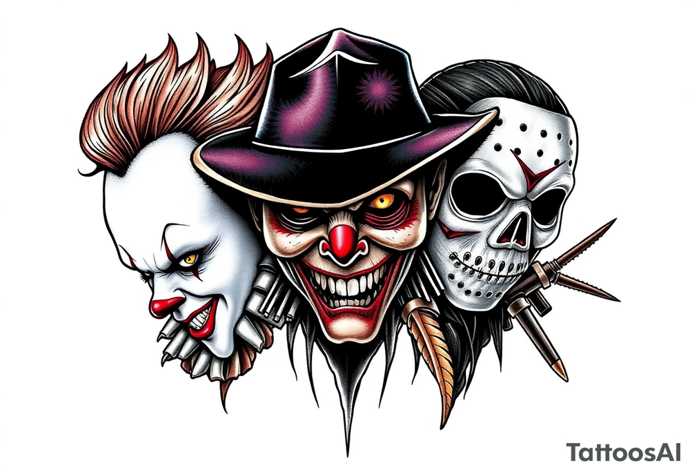 Pennywise, Freddy Krueger, Michael Meyers, jason voorhees, and chucky tattoo idea