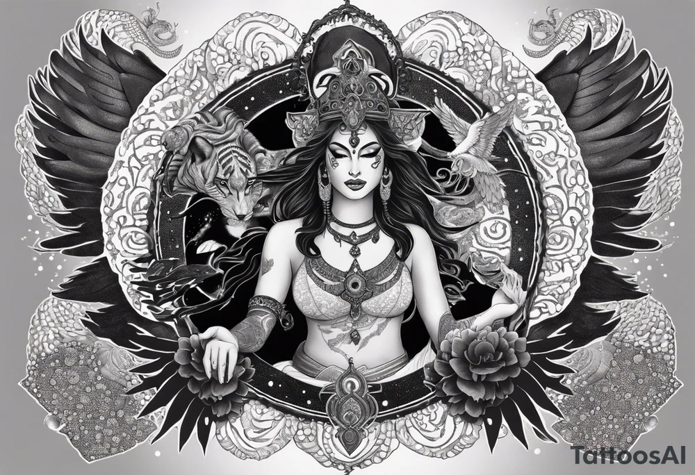 black kali, goddess pirate, alien, angel, pachamama, valkrye, warrior, flying, skull, lotus azul, wing, eagle, zenza resonance, stars, 5D, anahata chakra, death, durga, riding on a tiger, flying lady, kundalini, chest tatoo, samuri, rebel, serpent tattoo idea