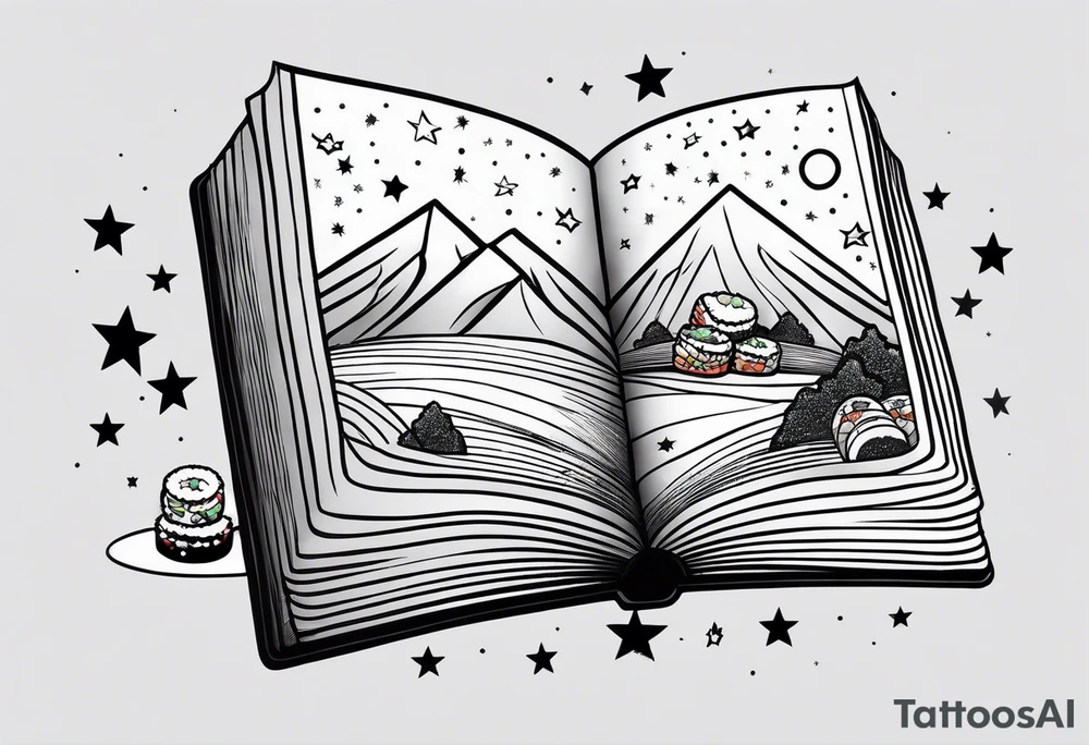 Open book with stars and mountains in a cartoon minimalistic design. Incorporate sushi rolls subtly tattoo idea
