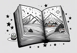 Open book with stars and mountains in a cartoon minimalistic design. Incorporate sushi rolls subtly tattoo idea