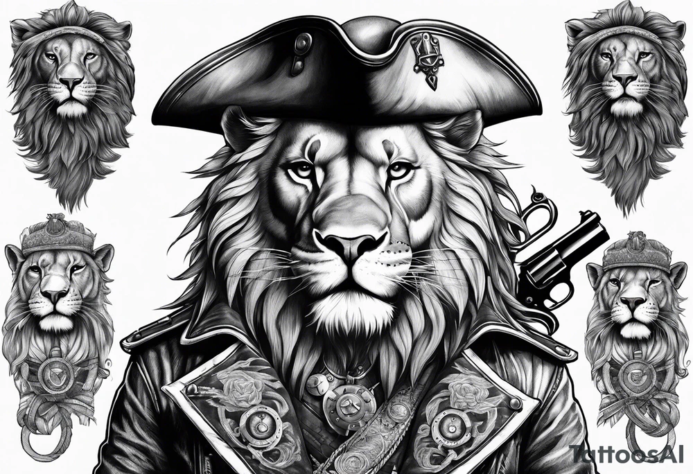 Pirate lion wearing jacket, sword and pistol, nautical steampunk theme tattoo idea Pirate lion wearing jacket, sword and pistol, nautical steampunk theme tattoo idea