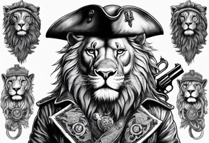 Pirate lion wearing jacket, sword and pistol, nautical steampunk theme tattoo idea