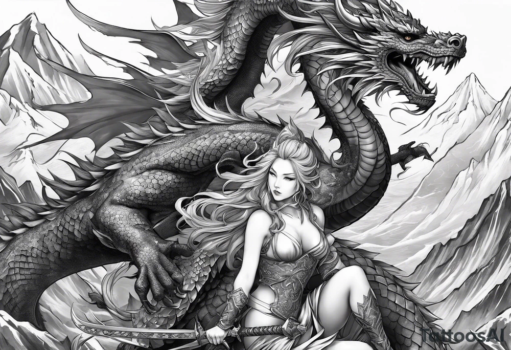 warrior nymph full body with sword and a full dragon with a mountain background tattoo idea