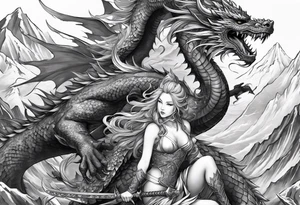 warrior nymph full body with sword and a full dragon with a mountain background tattoo idea