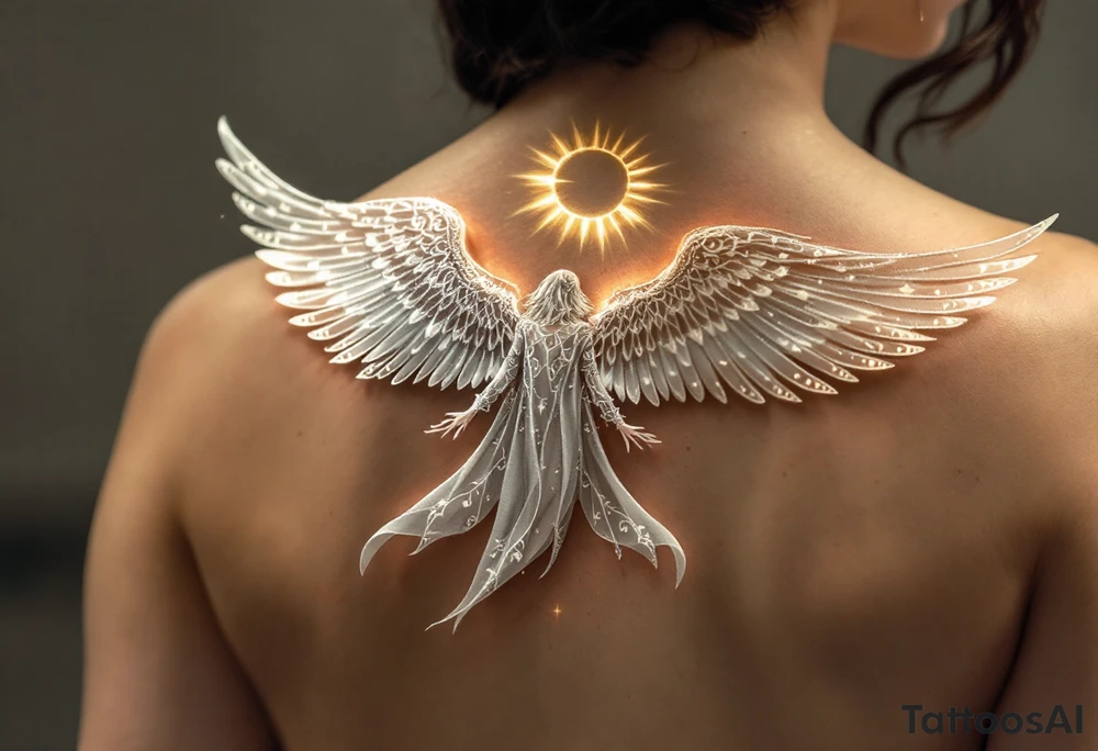 A majestic guardian angel with soft, flowing wings. The angel’s robe is made of delicate white and silver filigree patterns, flowing like silk in the wind. A radiant halo of soft golden light hovers above its head, casting a gentle glow. tattoo idea