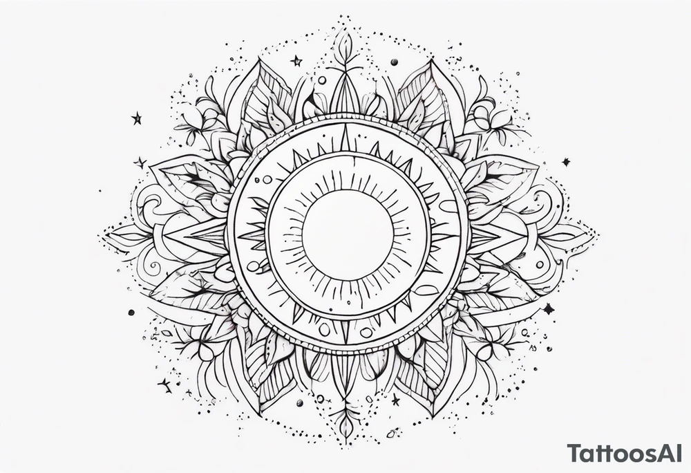 fine line with sun, stars, floral, dots. Sternum tattoo tattoo idea