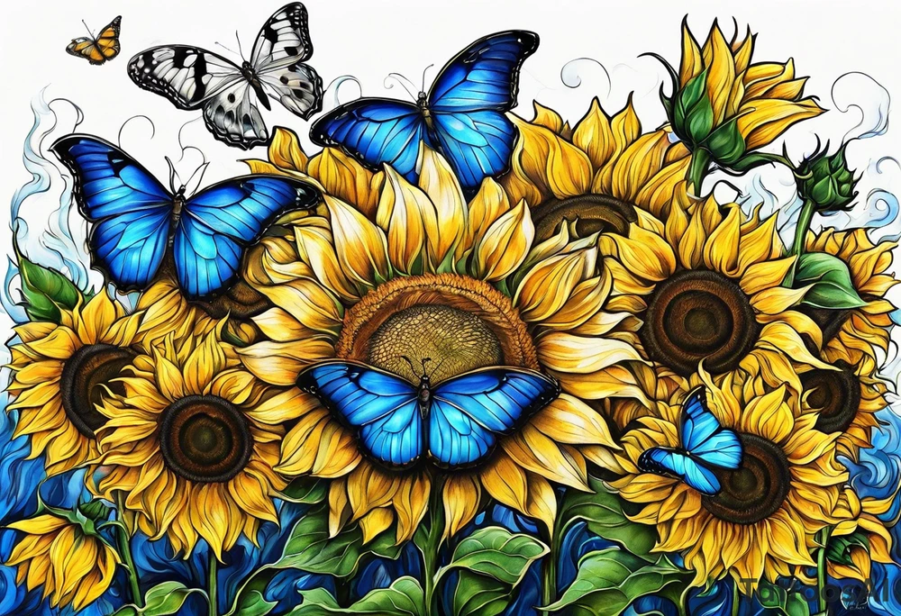 Full moon, blue morpho butterflies and sunflowers. tattoo idea
