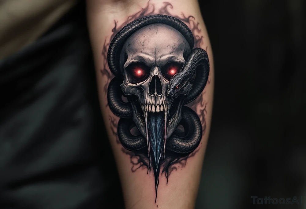 The Dark Mark, with the snake wrapped around the skull, stands out against a smoky, shadowy background. The skull has glowing red eyes, and the serpent’s tongue is dripping with dark, inky venom. Black and grey with hints of deep crimson for the eyes and serpent’s venom. Subtle touches of green and purple for the smoke. tattoo idea