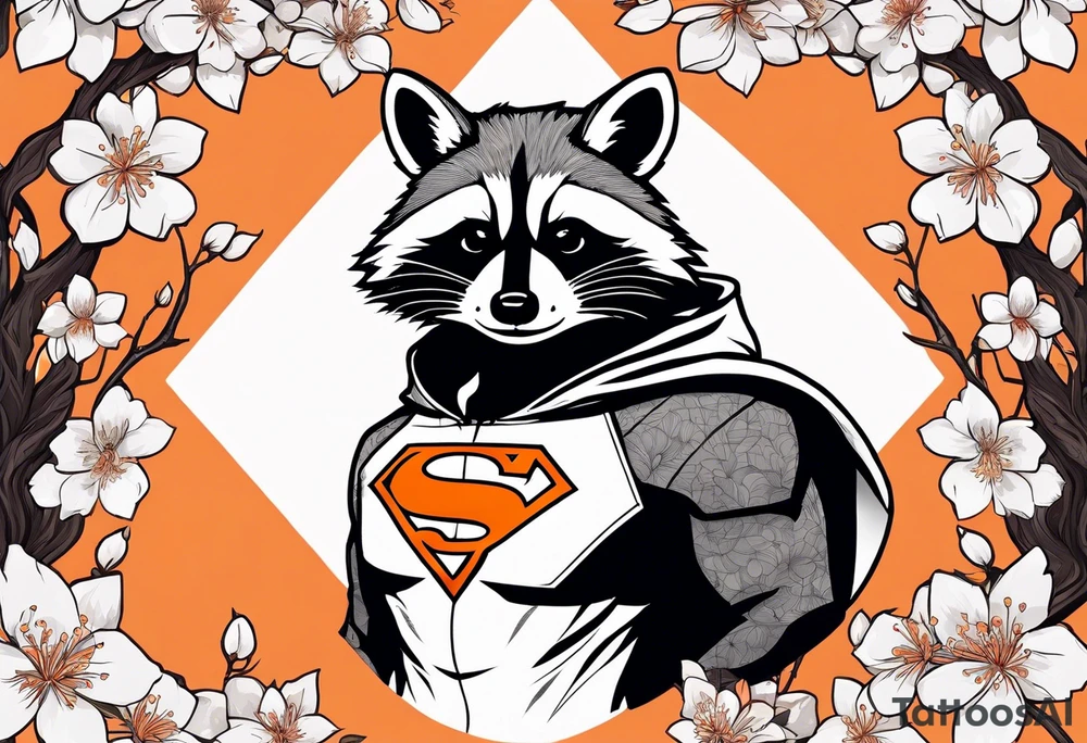 Raccoon wearing a white Superman logo on a black hoodie and orange Japanese cherry blossoms tattoo idea