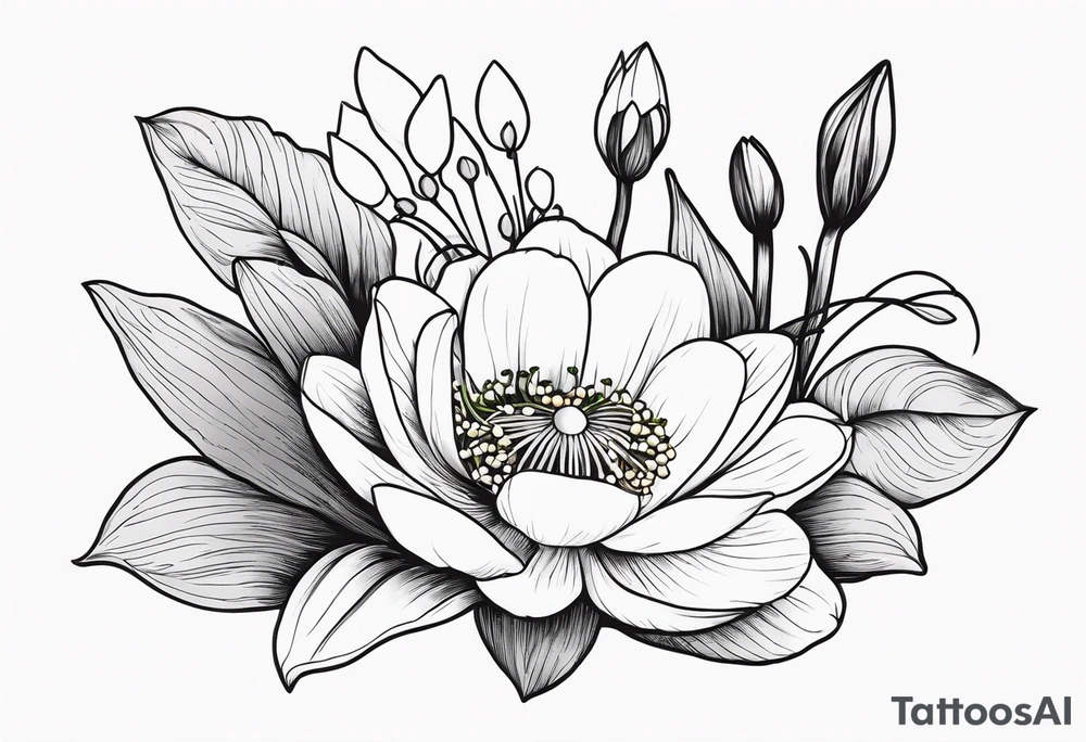 Poppy, water lily, Lily of the valley, daffodil, flower bouquet, portrait style tattoo idea