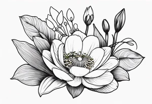 Poppy, water lily, Lily of the valley, daffodil, flower bouquet, portrait style tattoo idea