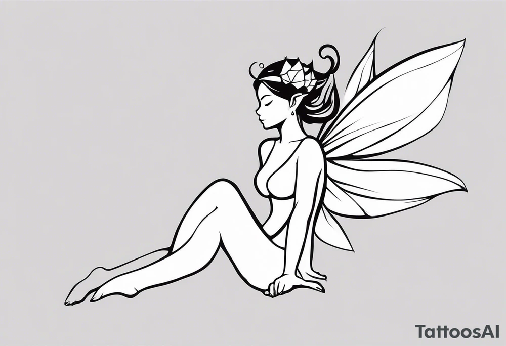 Minimalistic, monochromatic fairy with a tail flying to the left in a fetal position, leaning and looking in the same direction, with visible hands, embodying the 'Fairy Tail' logo aesthetic. tattoo idea