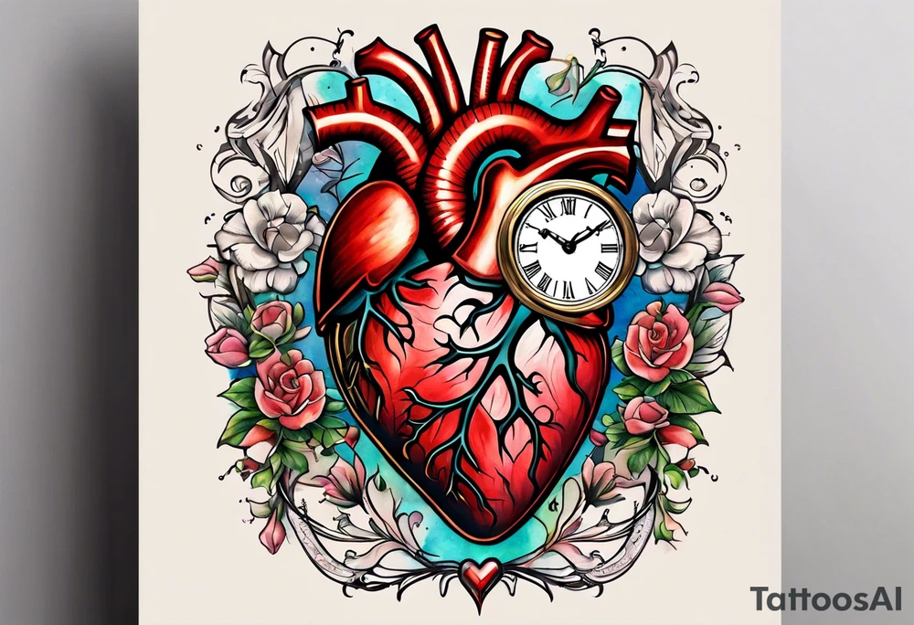 anatomical heart with clock in middle.
Clock hands on 8 and 5.
Never Say Never written on tattoo tattoo idea