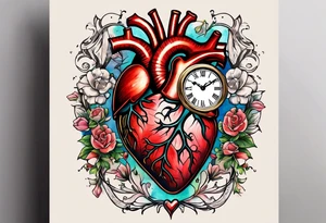 anatomical heart with clock in middle.
Clock hands on 8 and 5.
Never Say Never written on tattoo tattoo idea