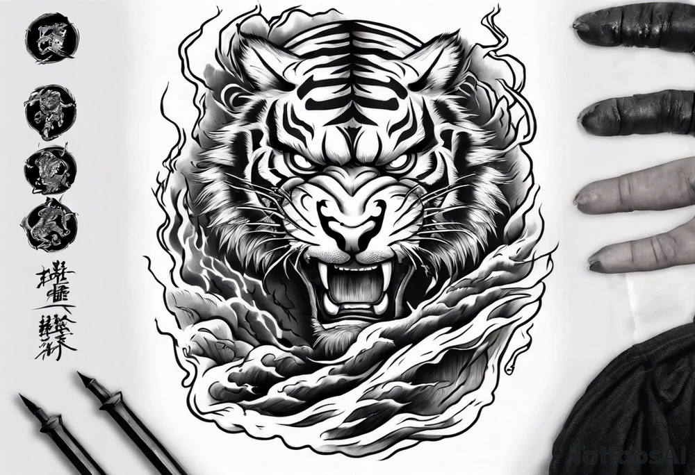 tiger warrior with lightning and the sun for a forearm sleeve tattoo idea