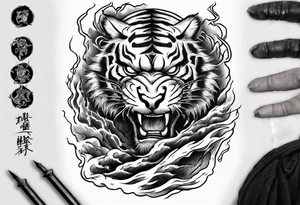 tiger warrior with lightning and the sun for a forearm sleeve tattoo idea