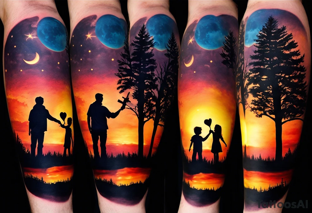 Tattoo of a family of four on a male forearm 
- dad, mom and two boys around a campfire.  Background is a sunset at the bottom, night at the top with a big beautiful moon. I would like it to be encased in a circle with the words "All that I need is the air that I breathe, and all that I need are things I don't need, and all that really matters is what matters to me". tattoo idea