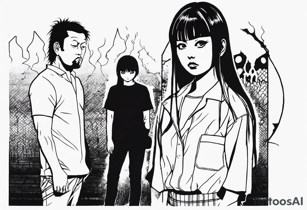 portrait of tomie standing up a character by the horror manga author junji ito full body standing murderously. add more horror and gore elements tattoo idea