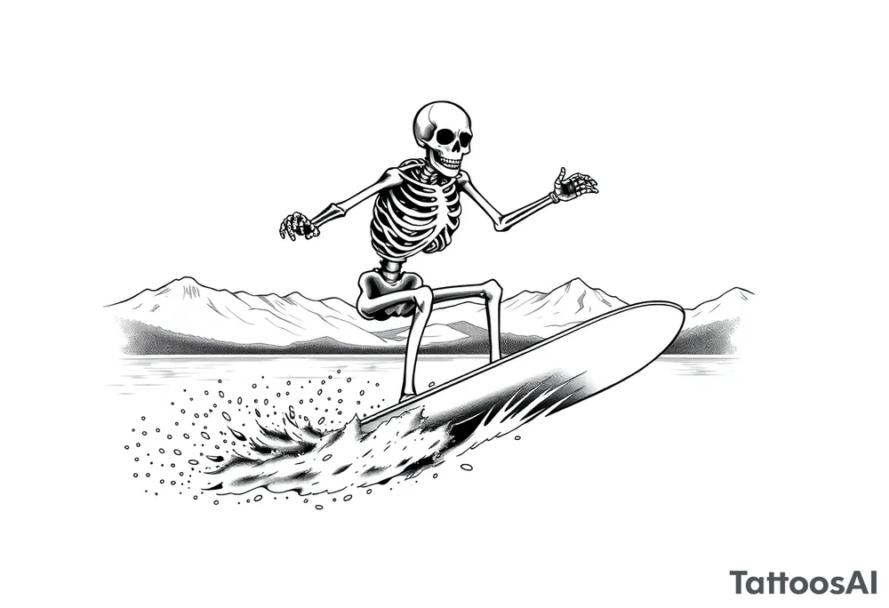 skeleton wakeboarding on lake, holding onto wakeboard handle with one hand, 
mountains in the background tattoo idea