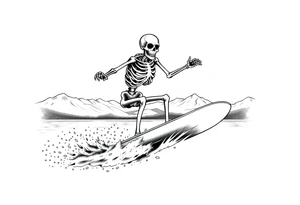 skeleton wakeboarding on lake, holding onto wakeboard handle with one hand, 
mountains in the background tattoo idea