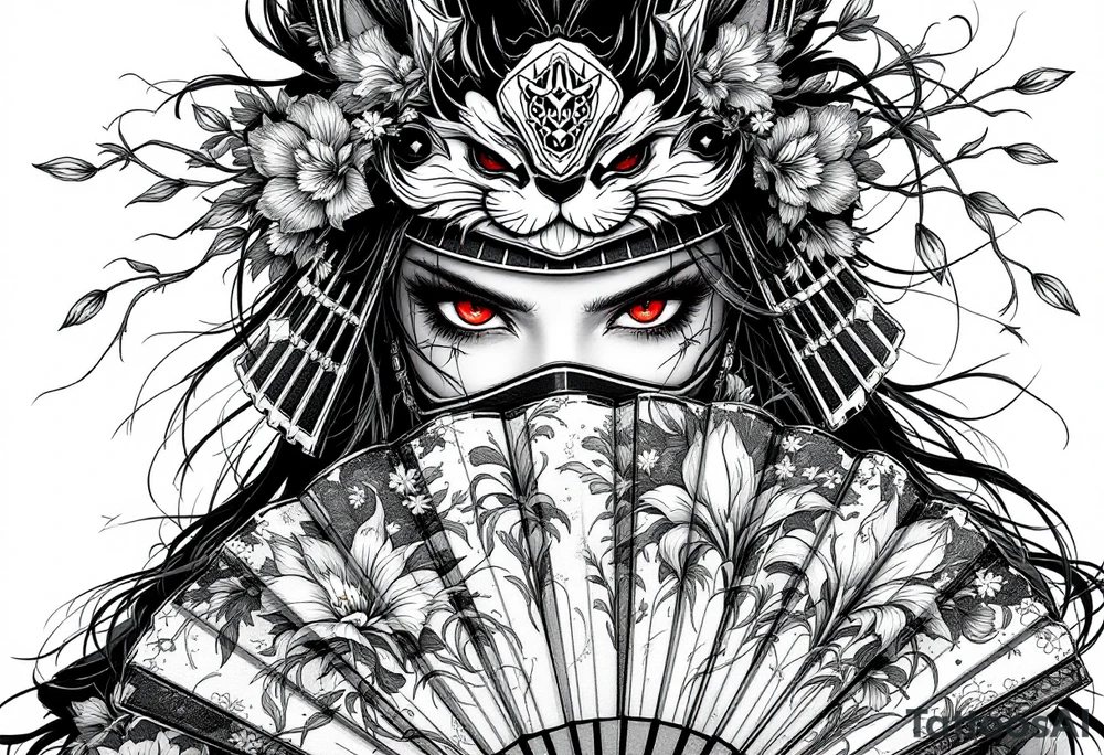 japanese samurai woman with red eyes wearing a kitsune half-mask and holding a fan with irises flowers ornement tattoo idea