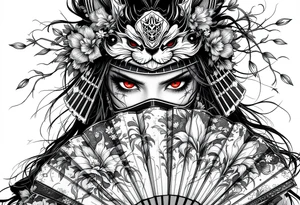 japanese samurai woman with red eyes wearing a kitsune half-mask and holding a fan with irises flowers ornement tattoo idea