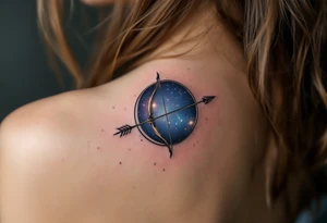 A Sagittarius bow and arrow with the constellation embedded surrounded by midnight blue. tattoo idea