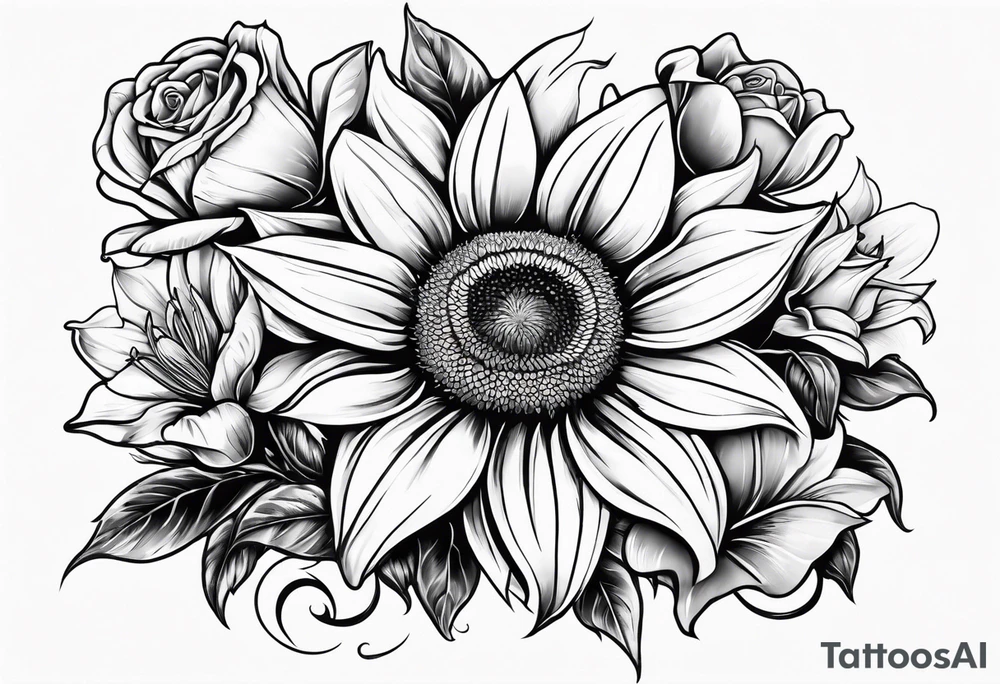 Sunflower, Rose, Lily tattoo idea