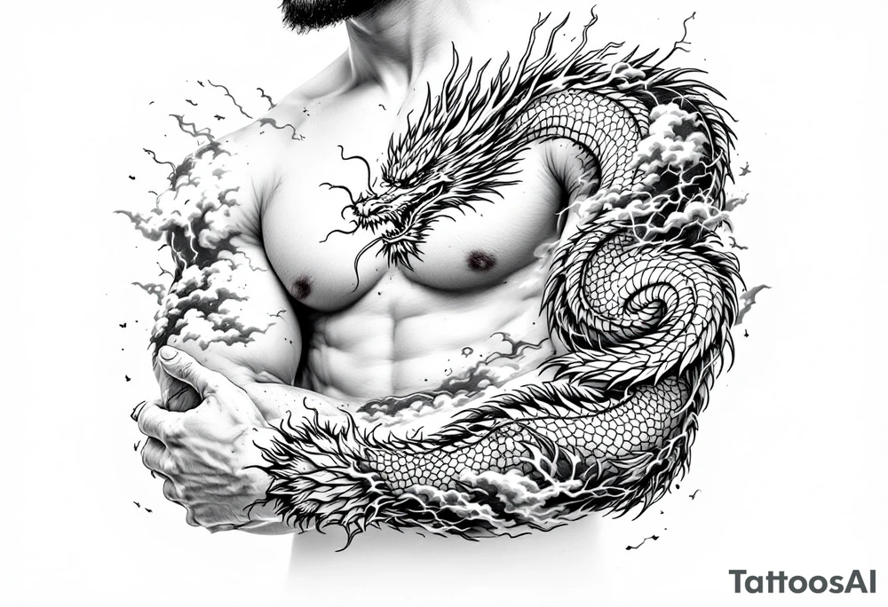 storm clouds and lightning mixed throughout, eastern dragon wrapping around the arm with head at the inside wrist, tattoo idea