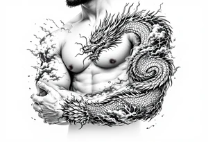 storm clouds and lightning mixed throughout, eastern dragon wrapping around the arm with head at the inside wrist, tattoo idea