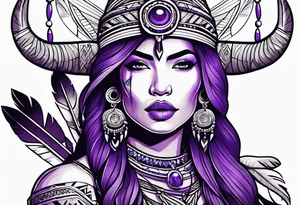 native american female archer on a purple buffalo tattoo idea