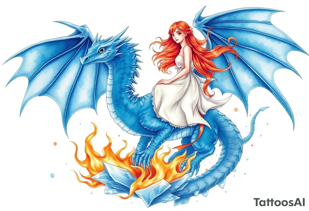 Redheaded girl riding a blue dragon with wings spread and flying over ice and fire tattoo idea