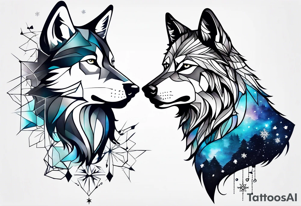 Constellation, two animal wolf, géométric, snowflake tattoo idea