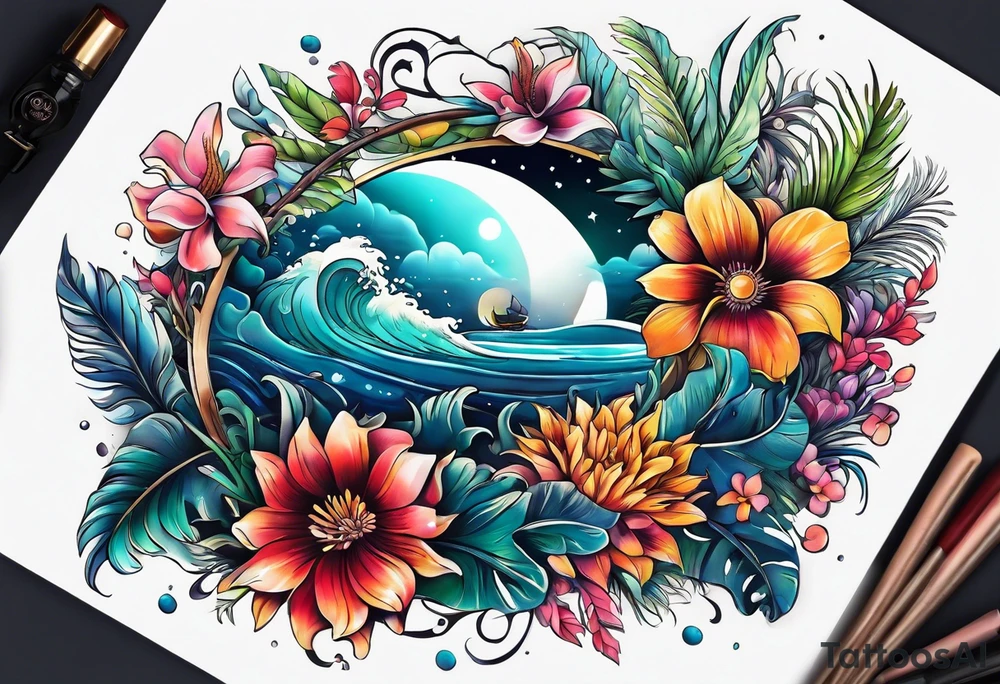 sea,, night, flower, palm, animal tattoo idea