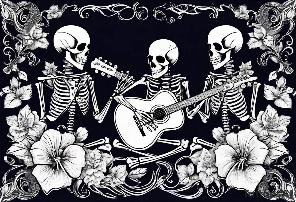 a male and a female skeleton. The male skeleton is playing the guitar. The female skeleton has a hibiscus flower. tattoo idea