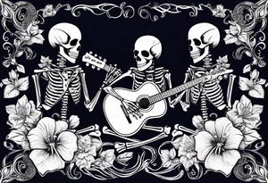 a male and a female skeleton. The male skeleton is playing the guitar. The female skeleton has a hibiscus flower. tattoo idea
