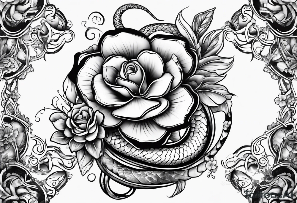 Snake with 2 fish and flowers tattoo idea