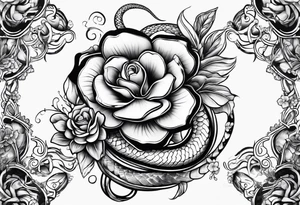 Snake with 2 fish and flowers tattoo idea