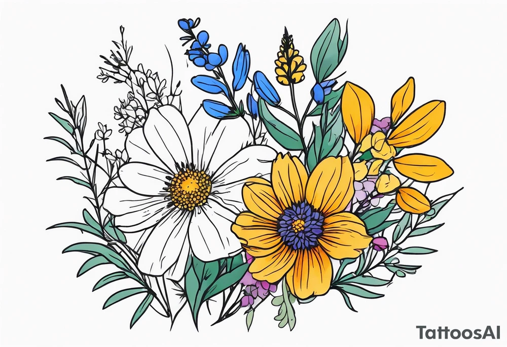 mixed wildflower bouquet detailed with color tattoo idea