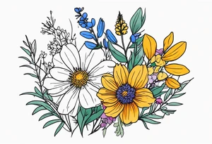 mixed wildflower bouquet detailed with color tattoo idea